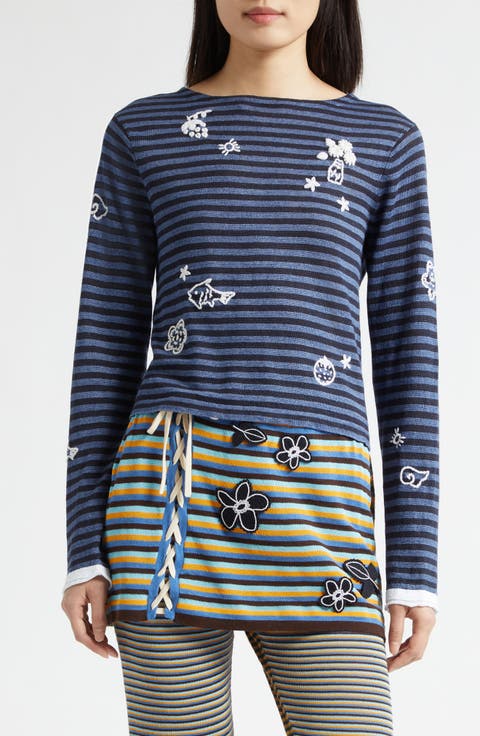 Mabo Embroidered Stripe Linen Sweater