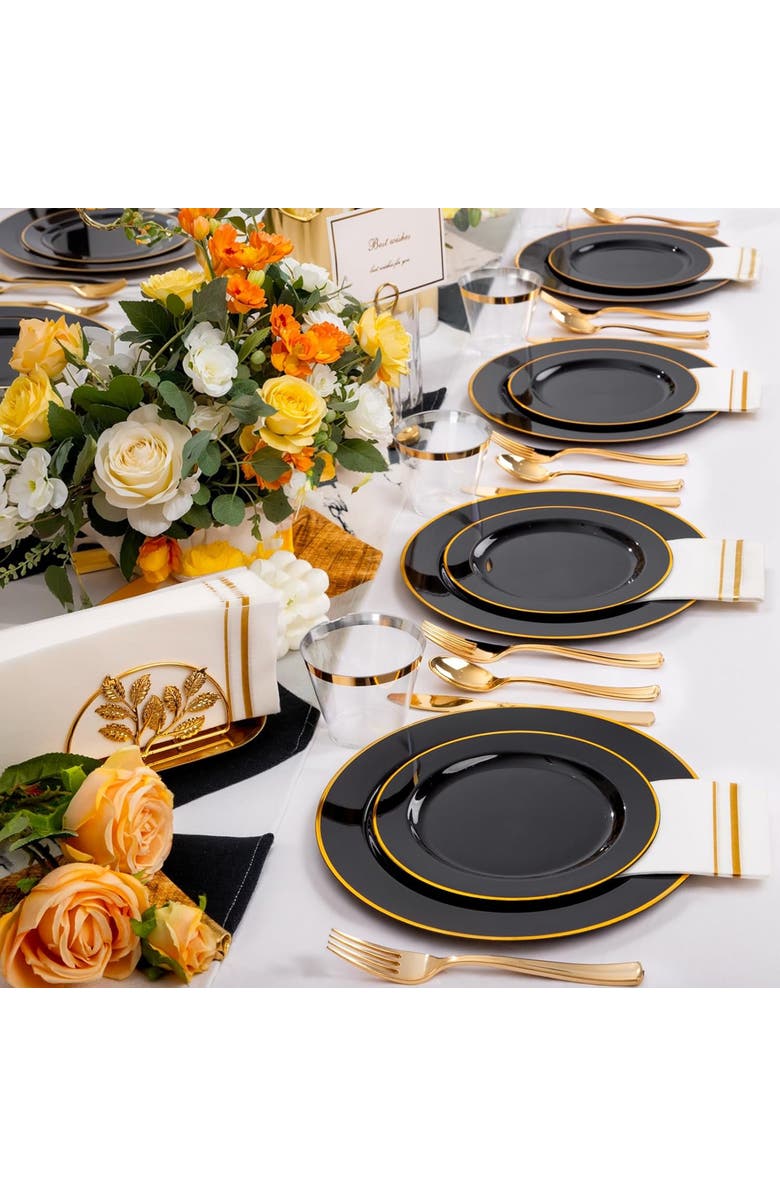 Elama Disposable Plastic Dinnerware Party Set in Black and Gold, Alternate, color, Black