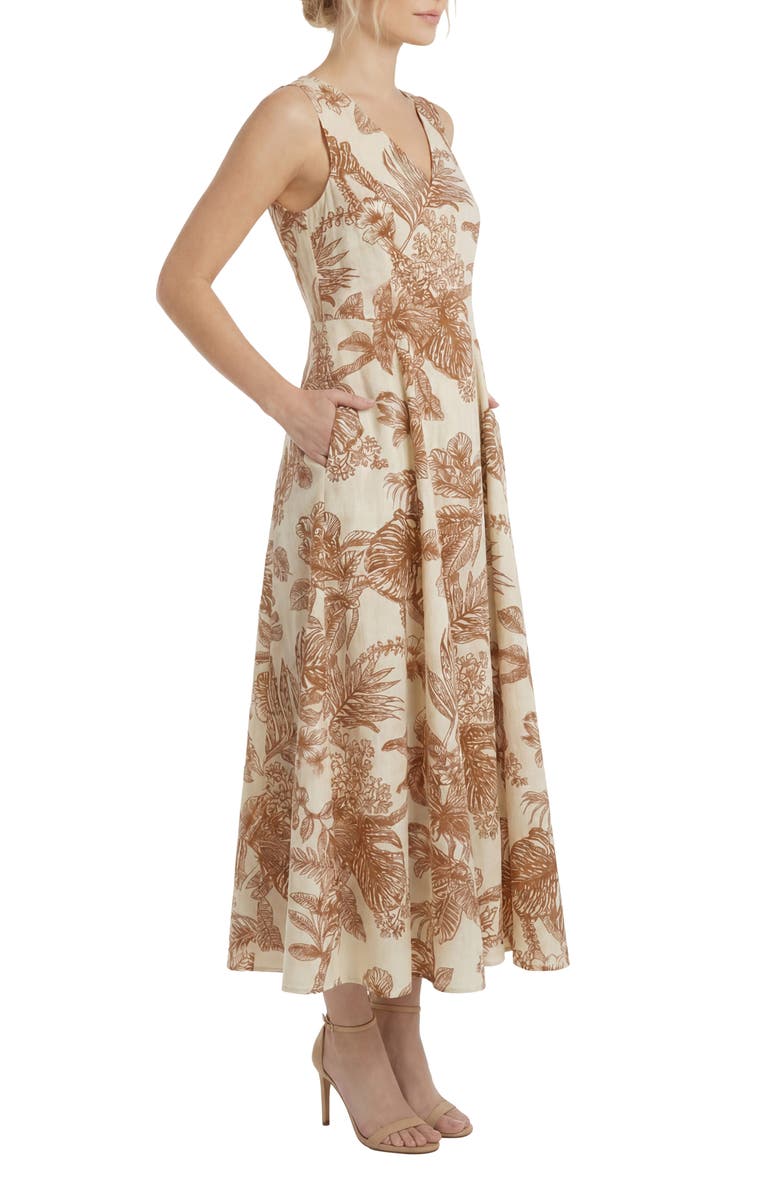 London Times V-Neck Linen Blend Godet Midi Dress, Alternate, color, 