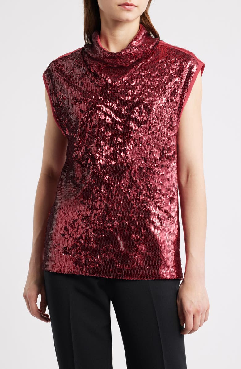 BOSS Sequin Mock Neck Top, Main, color, Deep Ruby