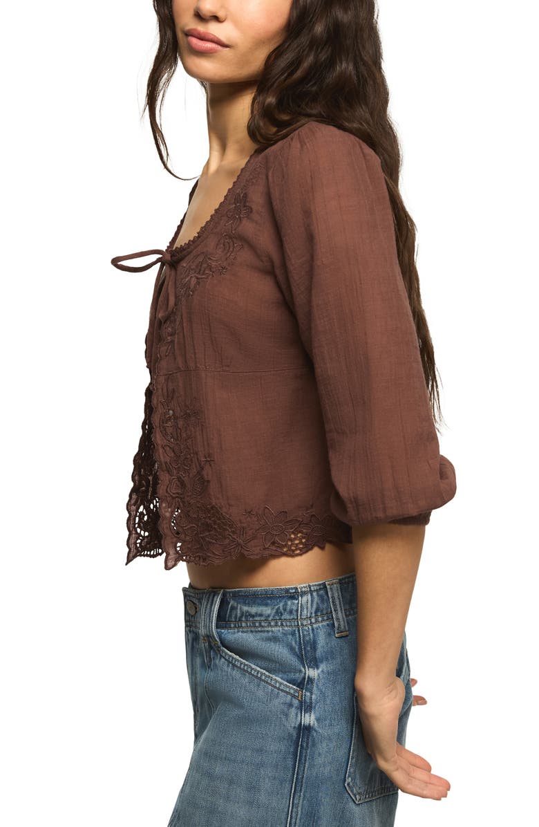 Lucky Brand Festival Cutwork Tie Neck Top, Alternate, color, French Roast