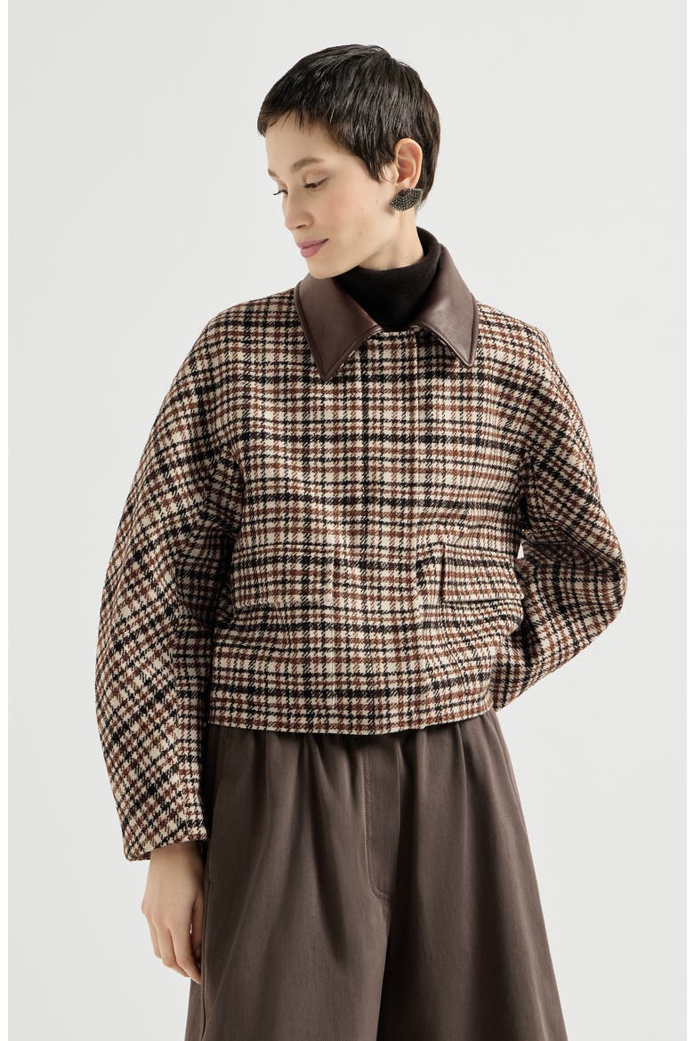 Comfort checked wool and alpaca outerwear jacket with leather collar and monili, Main, color, Brown