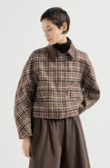 Brunello Cucinelli Comfort checked wool and alpaca outerwear jacket with leather collar and monili