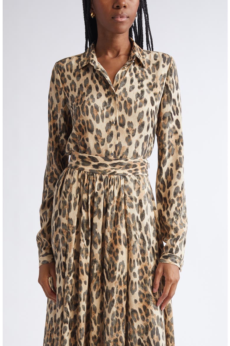 Leopard Print Silk Georgette Button-Up Shirt, Main, color, BRLT BRONZE LATTE MULTI