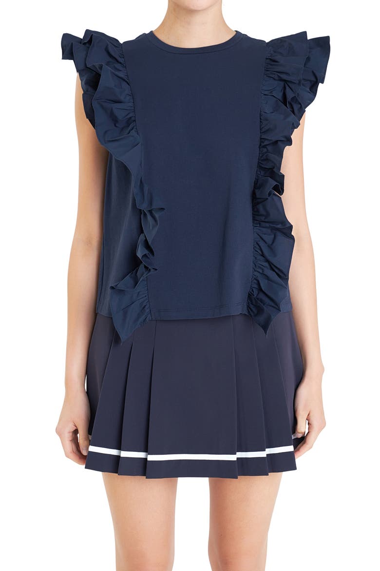 Poplin Ruffle Trim Knit Top, Alternate, color, NAVY