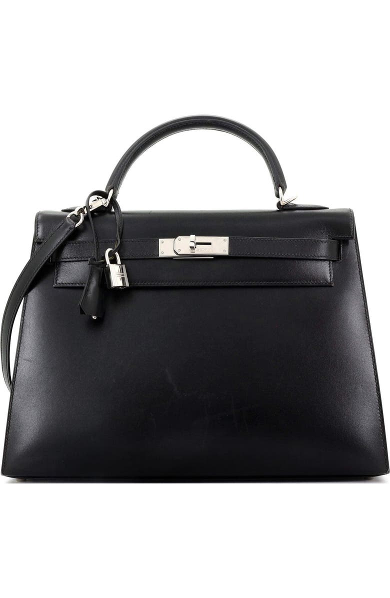 Pre-Owned Hermes Kelly Handbag Black Box Calf with Palladium Hardware 32, Main, color,