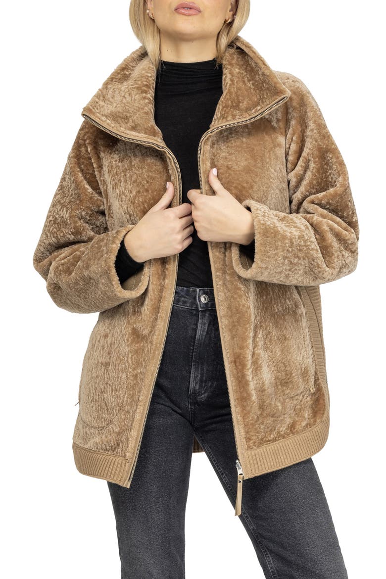 Reversible Genuine Shearling Jacket, Stand Collar, Alternate, color, LATTE