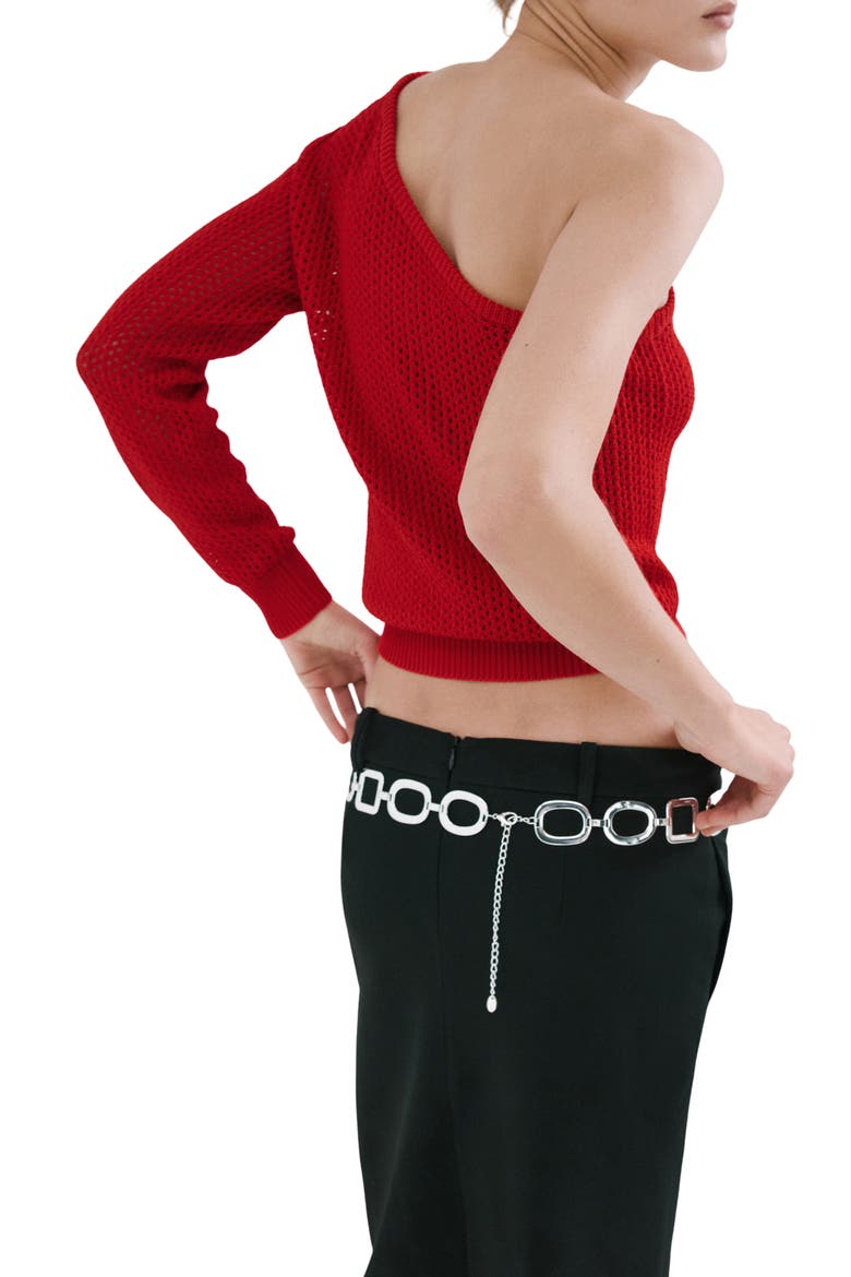 Open Stitch One-Shoulder Sweater, Alternate, color, RED