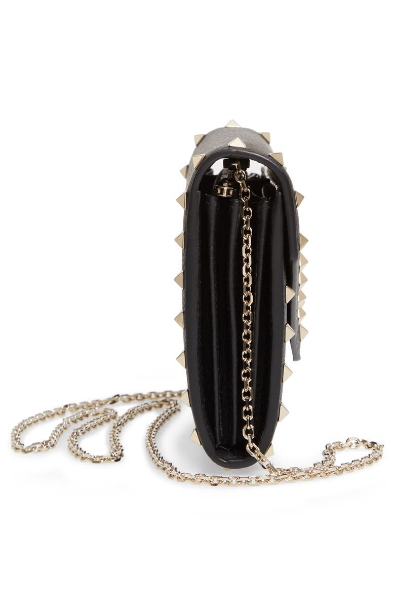 Valentino Garavani Rockstud V-Flap Calfskin Leather Wallet on a Chain, Alternate, color,