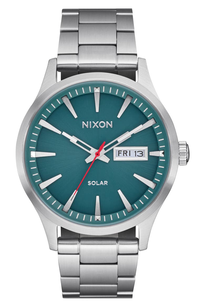 Sentry Solar Leather Strap Watch, 40mm, Main, color, SILVER / JASPER