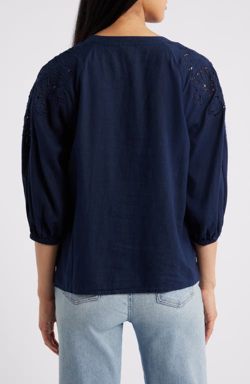 Caslonr Caslon(r) Embroidered Cutwork Split Neck Linen Blend Popover Top In Navy Blazer