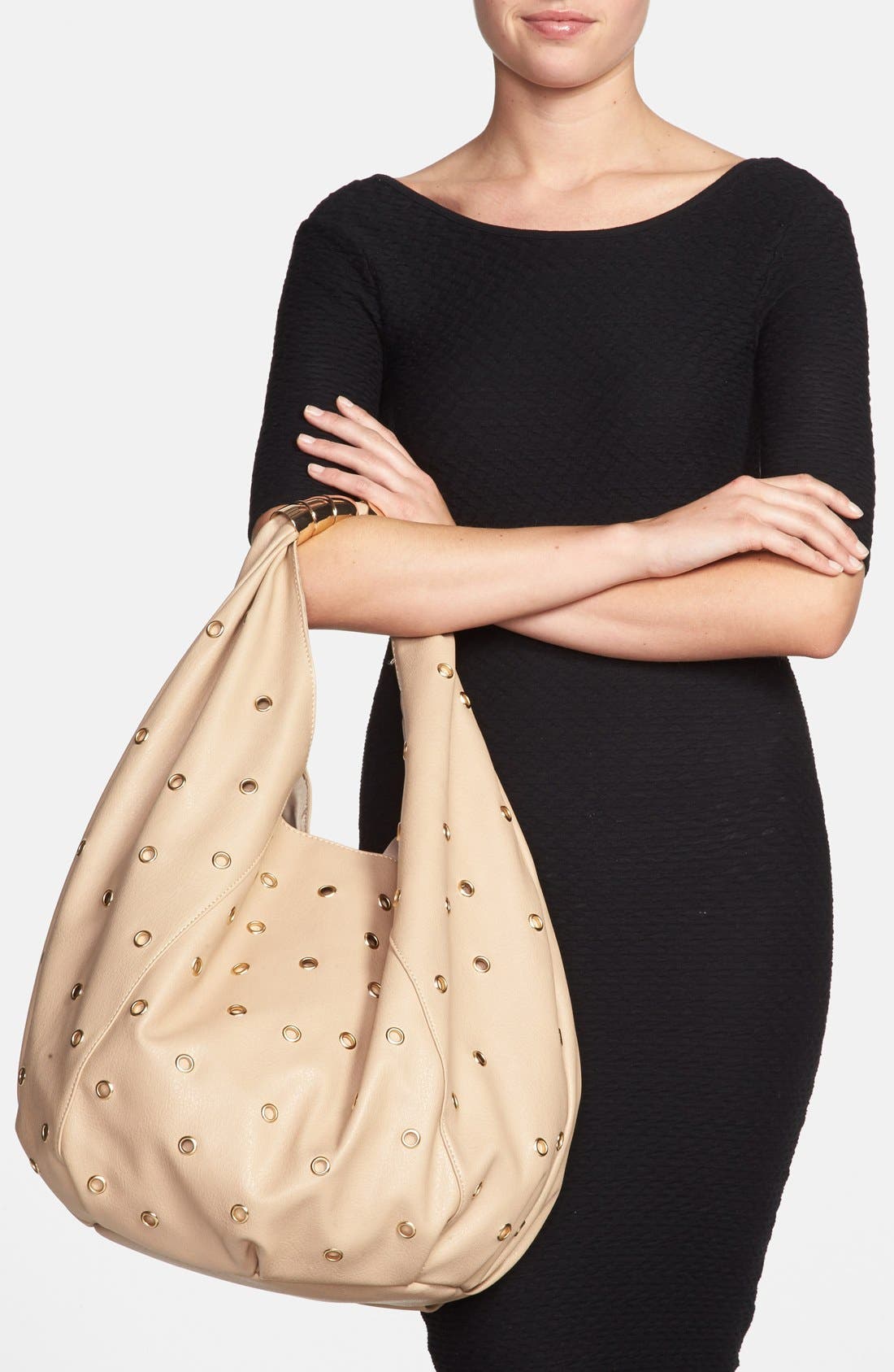 'Holy' Faux Leather Hobo, Alternate, color, BEIGE/ GOLD