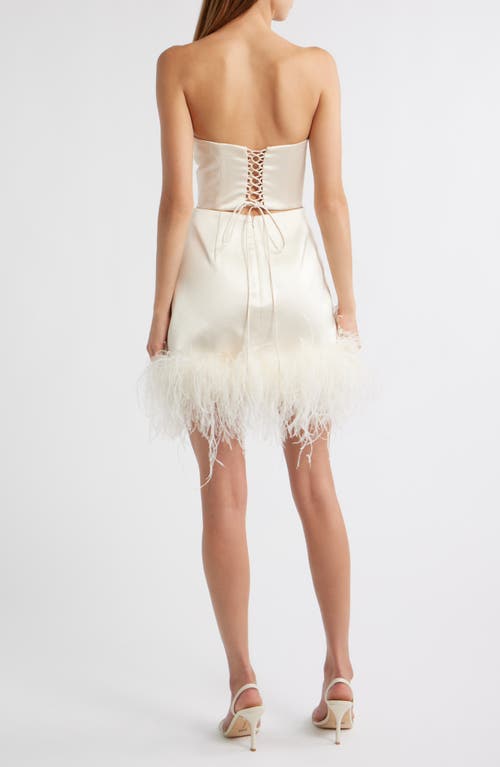 Delfi Collective Adrienne Ostrich Feather Hem Strapless Satin Cocktail Minidress In White