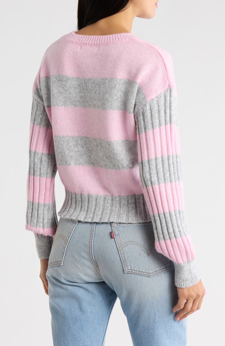 Madden Girl Stripe Crewneck Pullover Sweater, Alternate, color, Grey Heather Combo