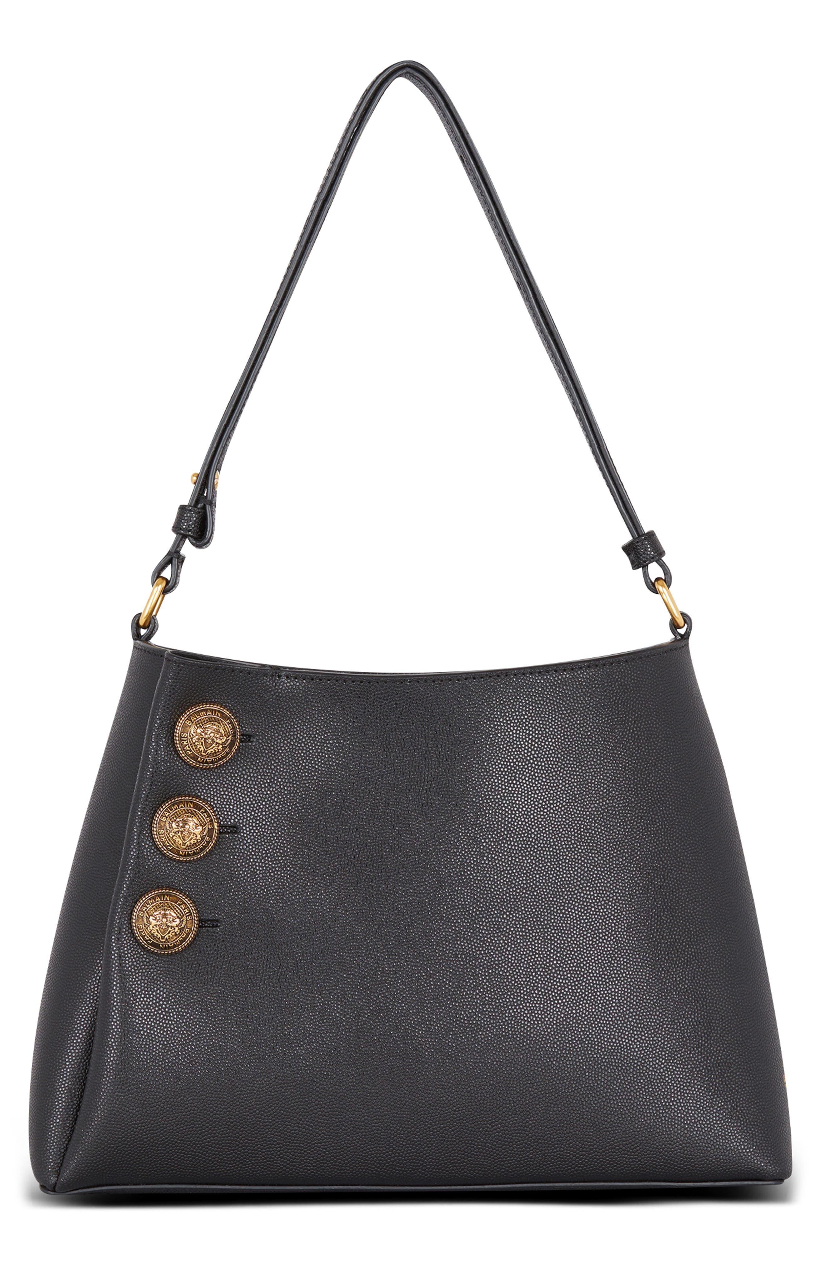 Balmain Emblem Crest Button Leather Shoulder Bag, Main, color, 
