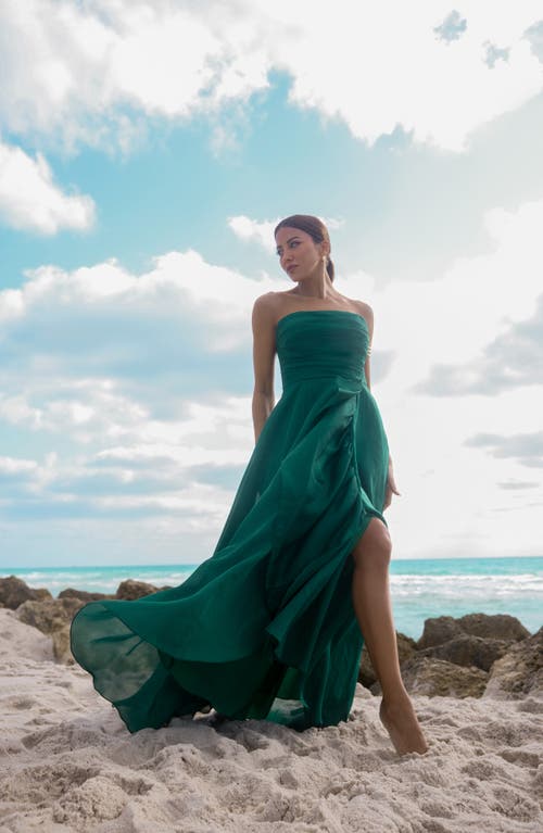 Xscape Evenings Strapless Ruffle Detail Metallic Organza Gown In Green