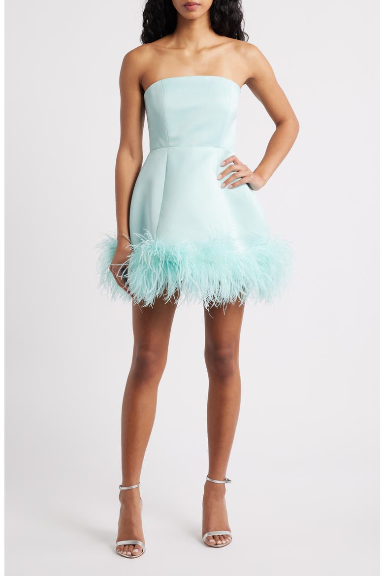 Ivy Feather Trim Strapless Cocktail Minidress, Main, color, MINT