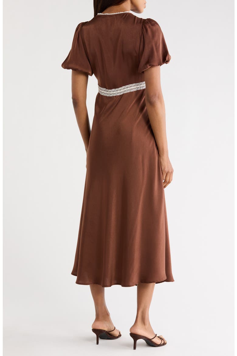 Lace Trim Puff Sleeve Midi Dress, Alternate, color, BROWN