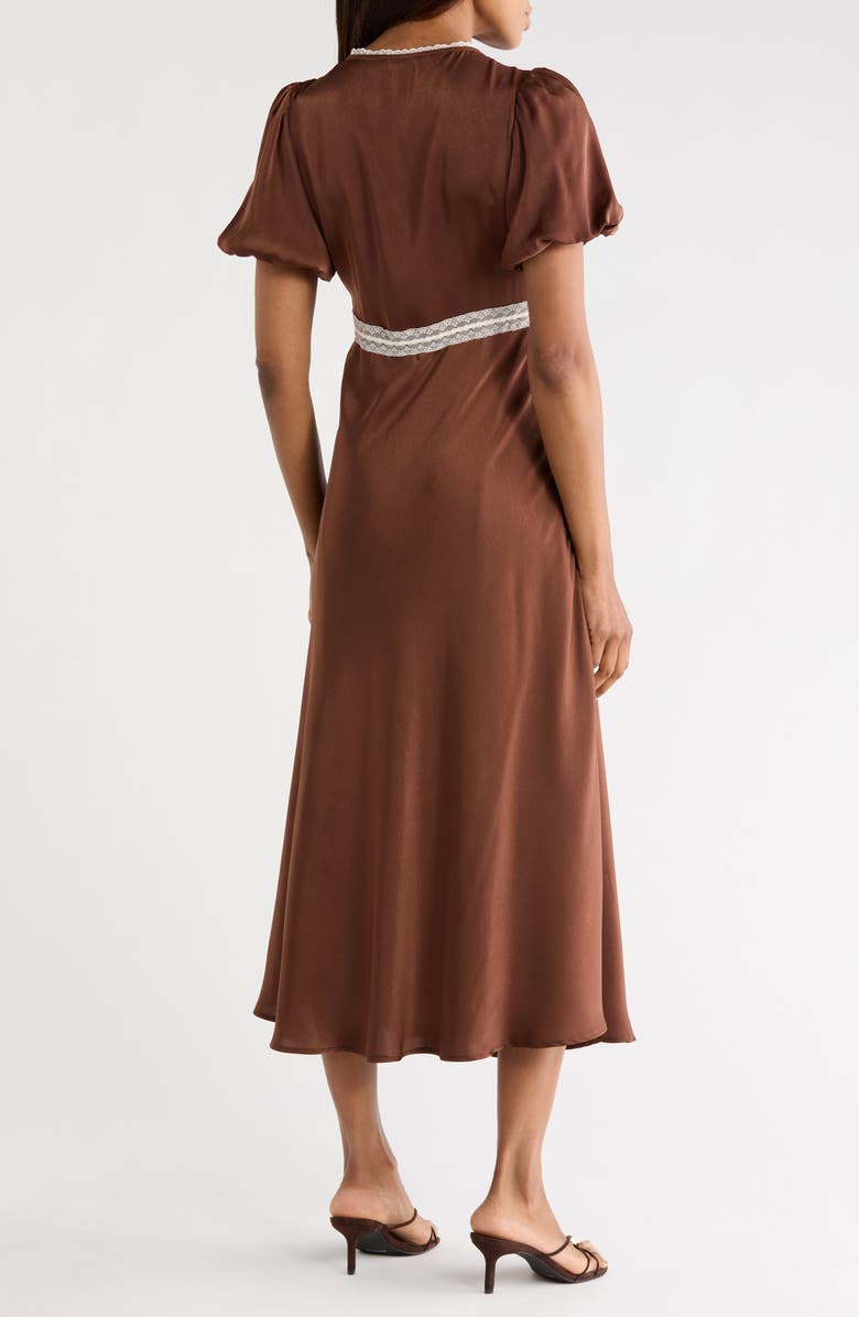 WAYF Lace Trim Puff Sleeve Midi Dress, Alternate, color, Brown