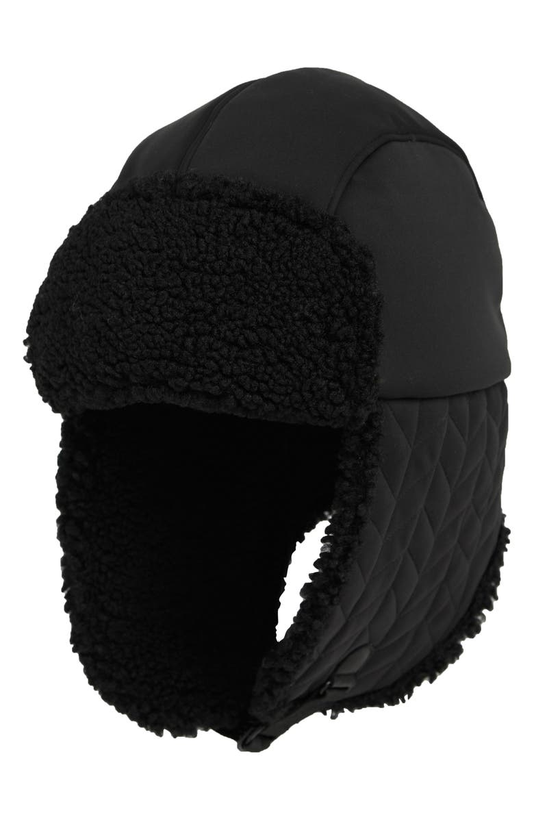 UGG<sup>®</sup> Quilted Nylon Fleece Trapper Hat, Main, color, Black