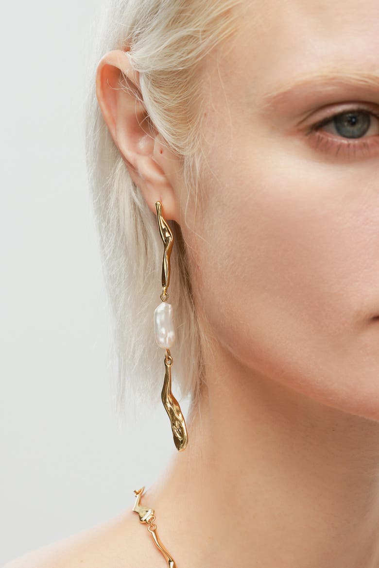 Freshwater Baroque Pearl Asymmetrical Molten Drop Earrings, Alternate, color, Gold