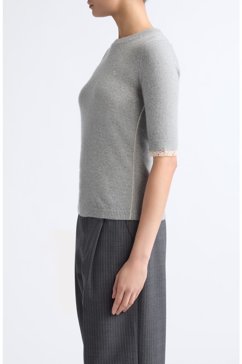 Lace Trim Short Sleeve Recycled Cashmere & Cotton Baby Tee, Alternate, color, GREY LACE