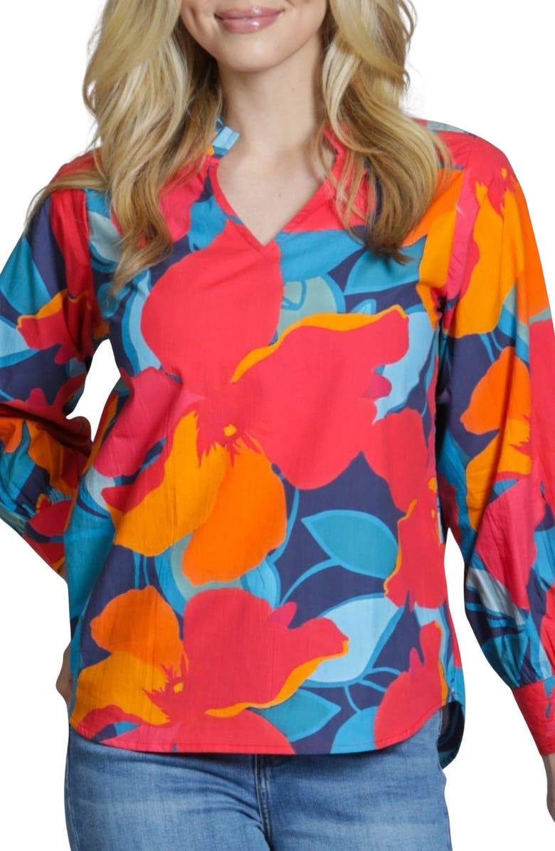 APNY Floral Print Split Neck Top, Alternate, color, Hibiscus Multi