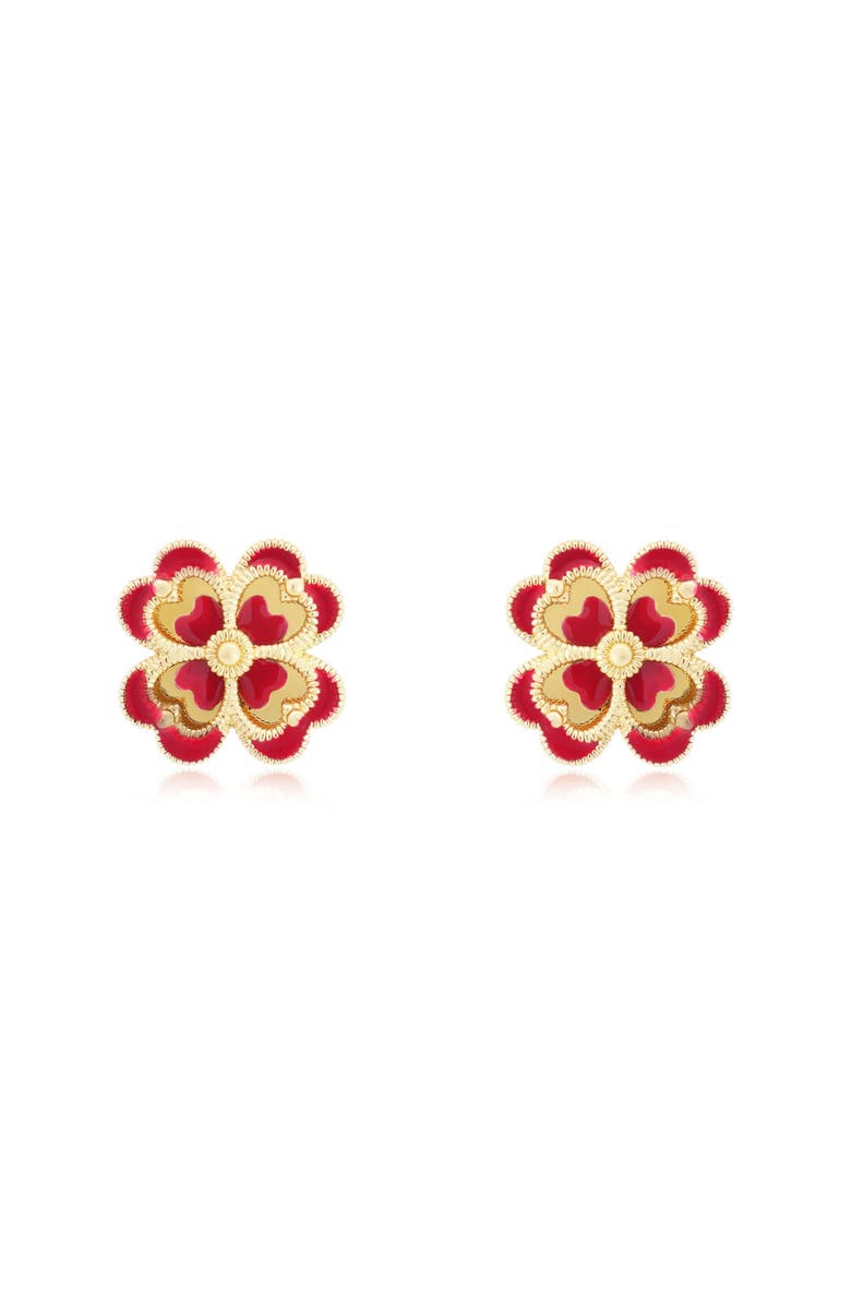 The Lovery Fine Jewelry Dark Red Enamel and Gold Clover Earrings, Alternate, color, Red