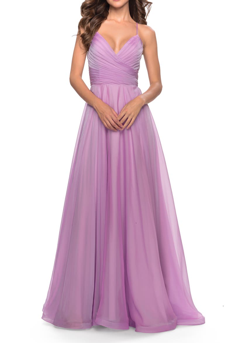 Chiffon Prom Dress with Ruched Bodice and Slit, Alternate, color, Lavender