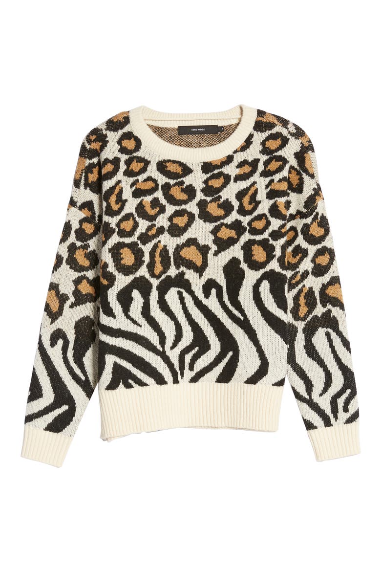 Leopard & Zebra Pattern Crewneck Sweater, Alternate, color, PRISTINE