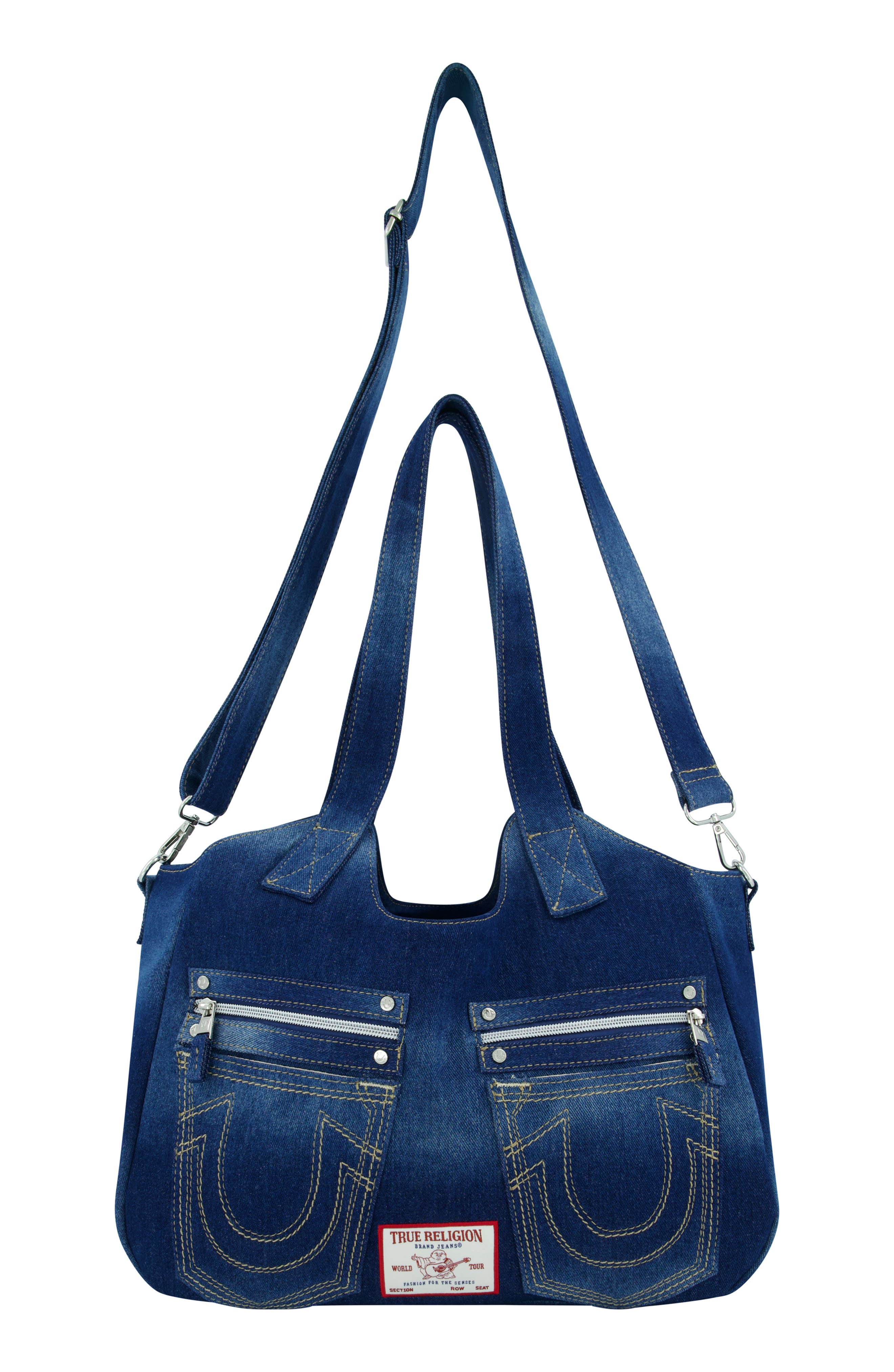 True Religion Brand Jeans Horseshoe Stitched Denim Shoulder Bag, Alternate, color, Dark Denim