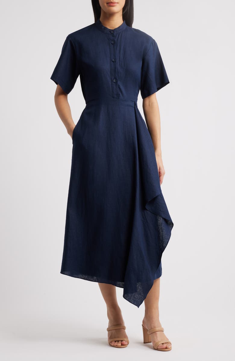 MELLODAY Draped Linen Blend Midi Shirtdress, Main, color,