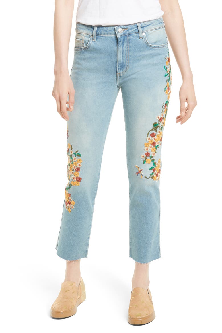 Embroidered Crop Girlfriend Jeans, Main, color, LIGHT DENIM