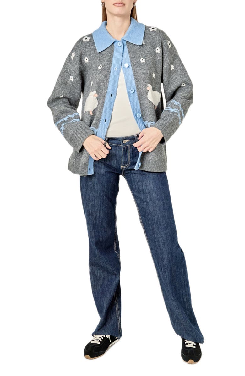 English Factory Sheep Cardigan, Alternate, color, Charcoal/ P Blue