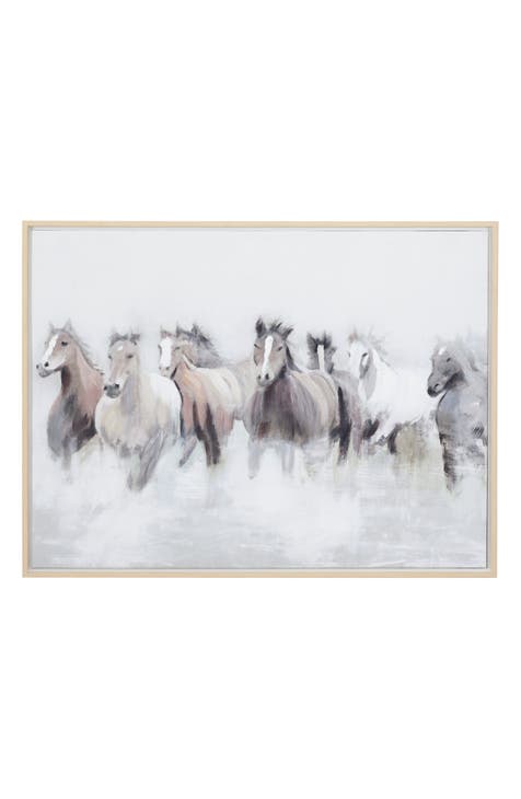 Gray Canvas Handmade Horse Framed Wall Art with Brown Frame