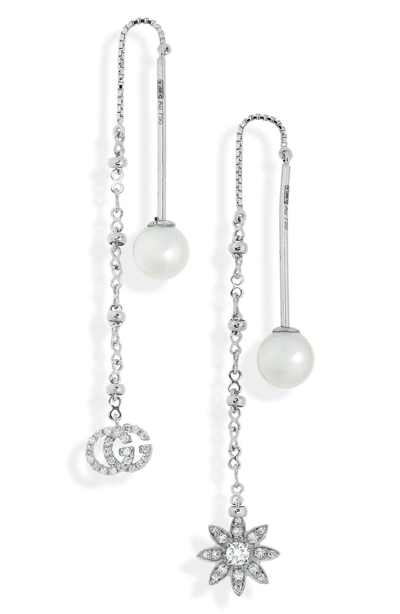 Gucci Flora Diamond & Cultured Pearl Threader Earrings, Main, color,