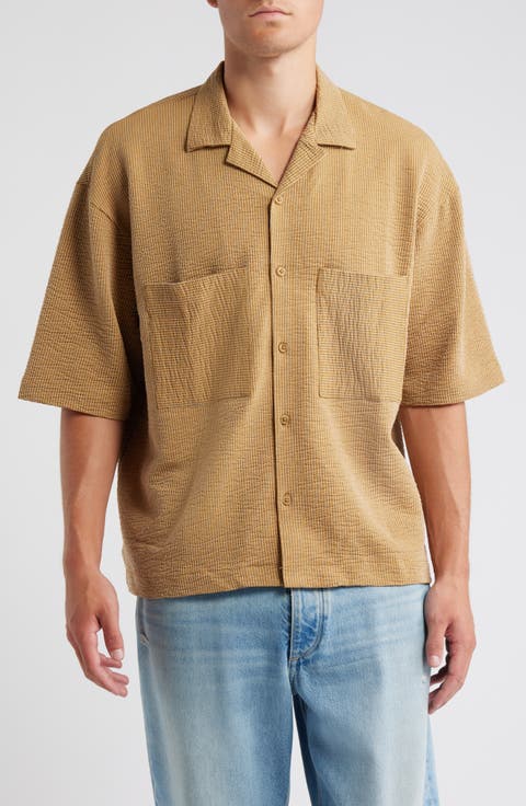 Pinstripe Knit Cotton Blend Camp Shirt