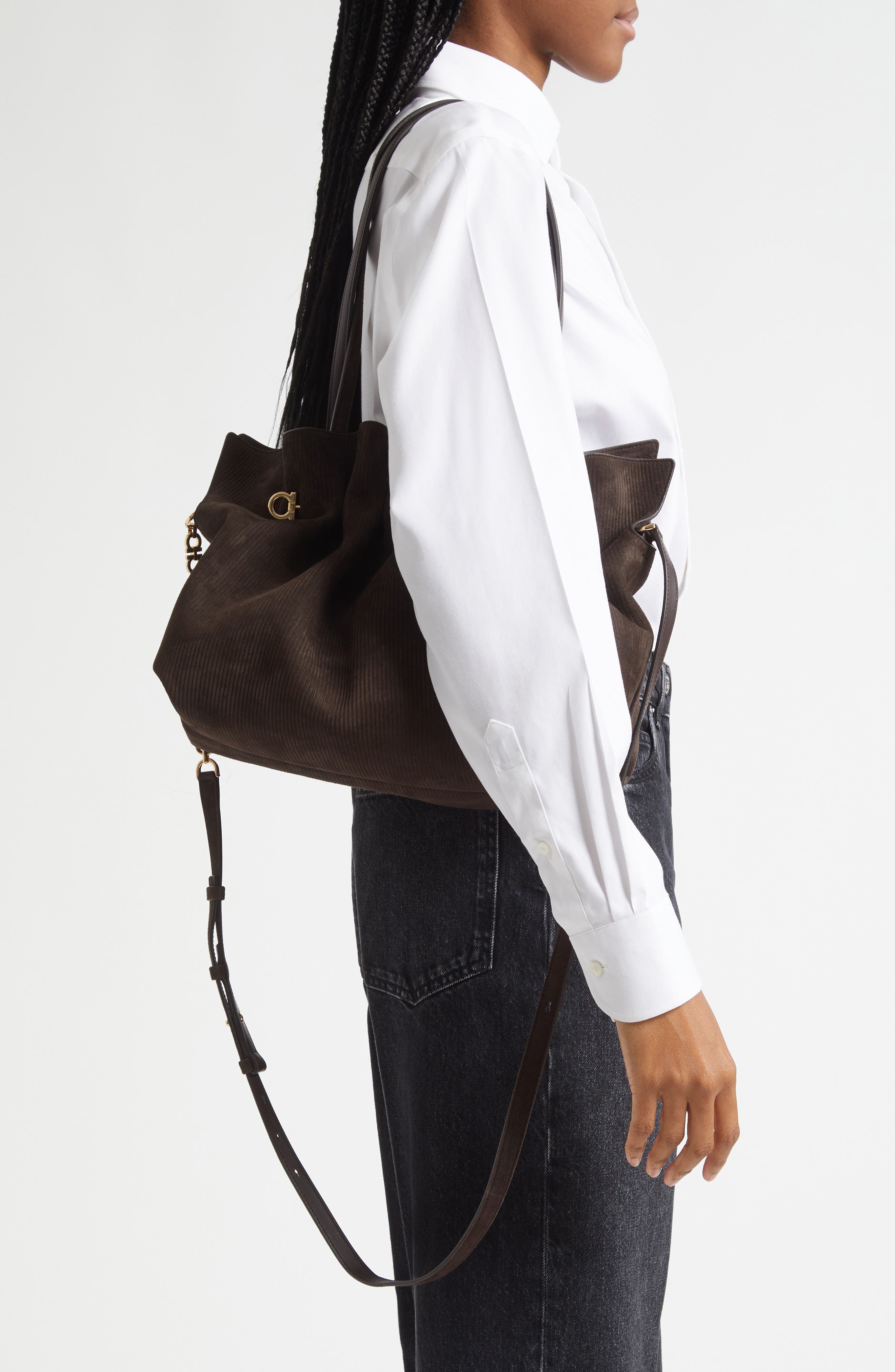 FERRAGAMO Medium Gancio Piercing Soft Leather Shoulder Bag, Alternate, color, Testa Di Moro