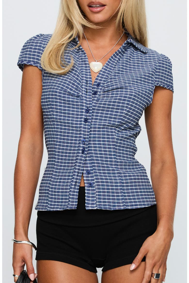 Arianwyn Check Cap Sleeve Button-Up Shirt, Main, color, NAVY CHECK