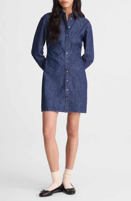 Draped Long Sleeve Denim Shirtdress