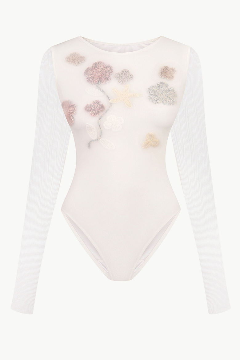 Bridal Sheer Mesh Bodysuit With 3D Florals, Main, color, White