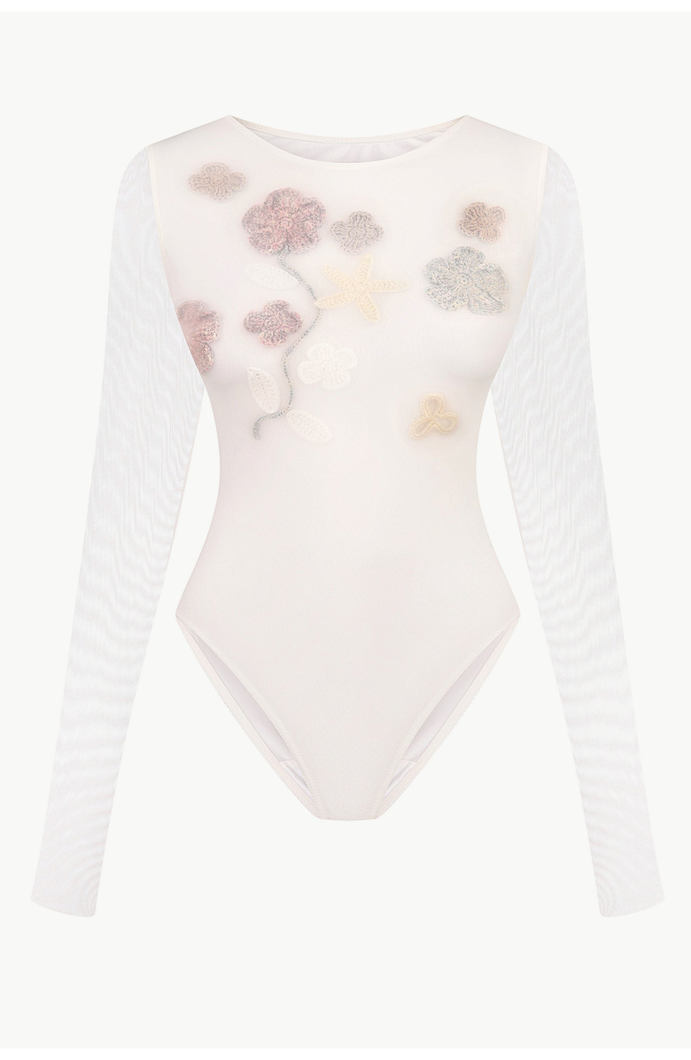 Malva Florea Bridal Sheer Mesh Bodysuit With 3D Florals, Main, color, White