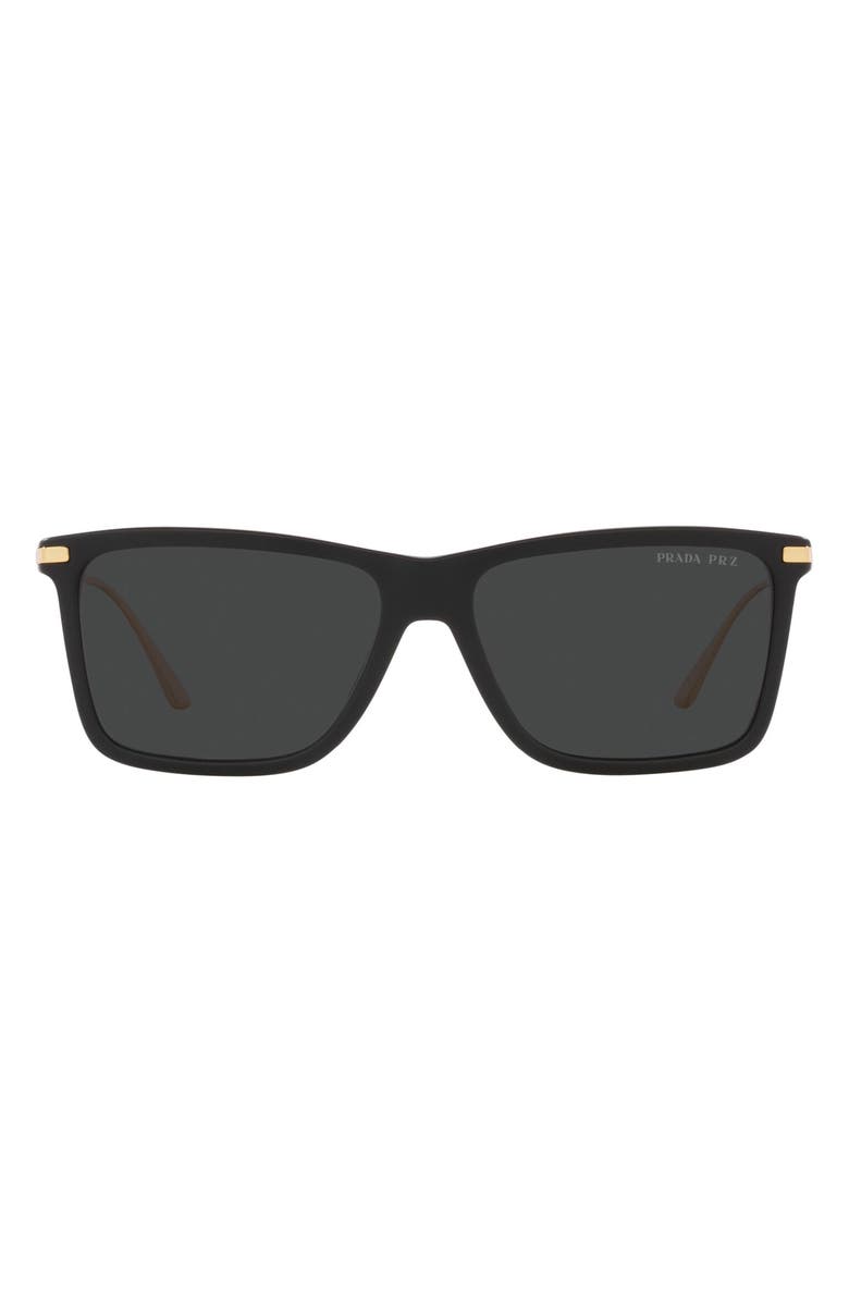 Prada 58mm Polarized Rectangular Sunglasses, Main, color, Matte Black
