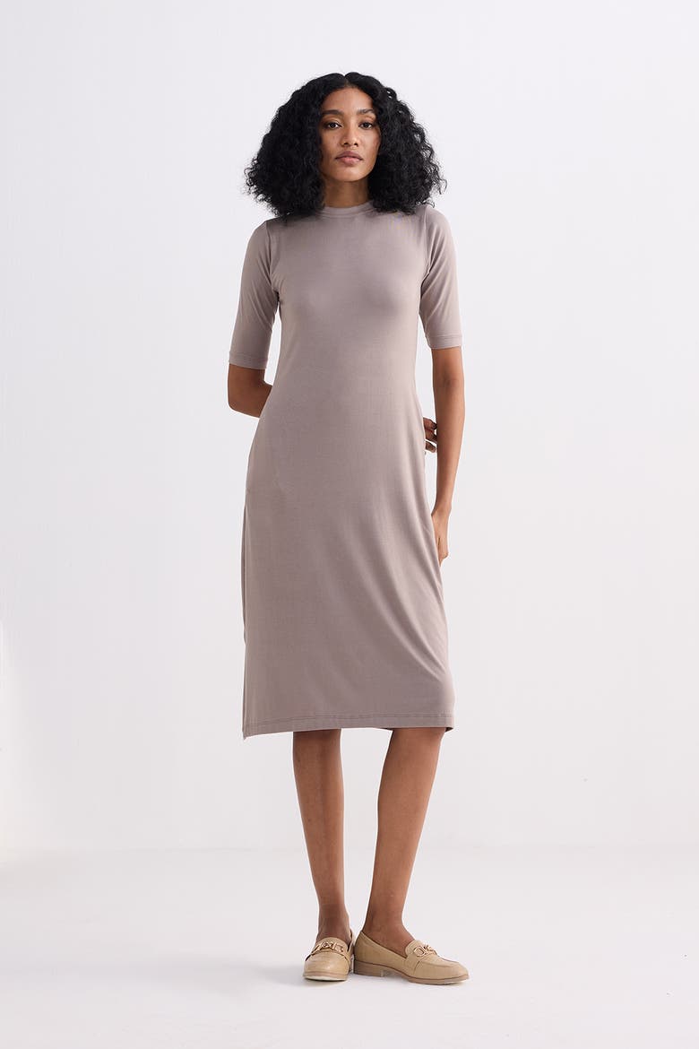High Neck Elbow Sleeves Fitted Dress, Alternate, color, Dusty Brown