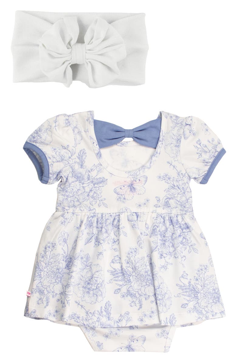 RuffleButts Butterfly Garden Toile Twirl Romper & Head Wrap Set, Alternate, color, 