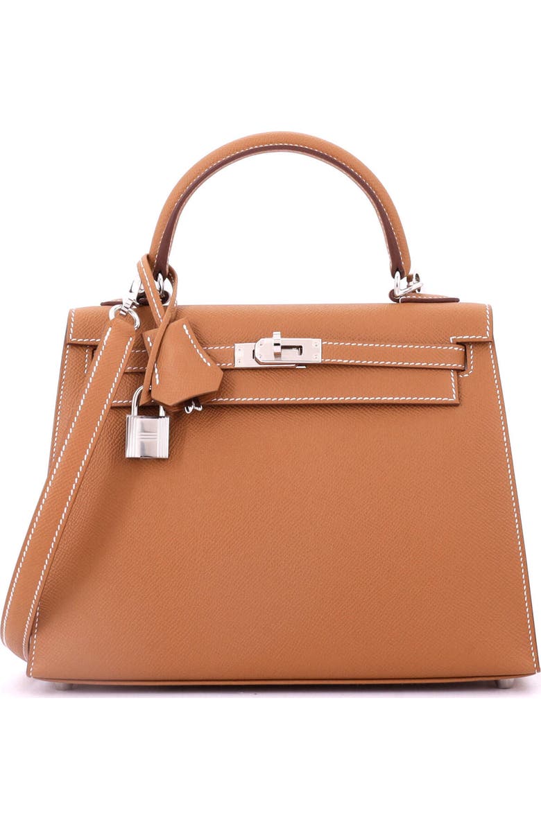 Pre-Owned Hermes Kelly Handbag Brown Epsom with Palladium Hardware 25, Main, color, Gold