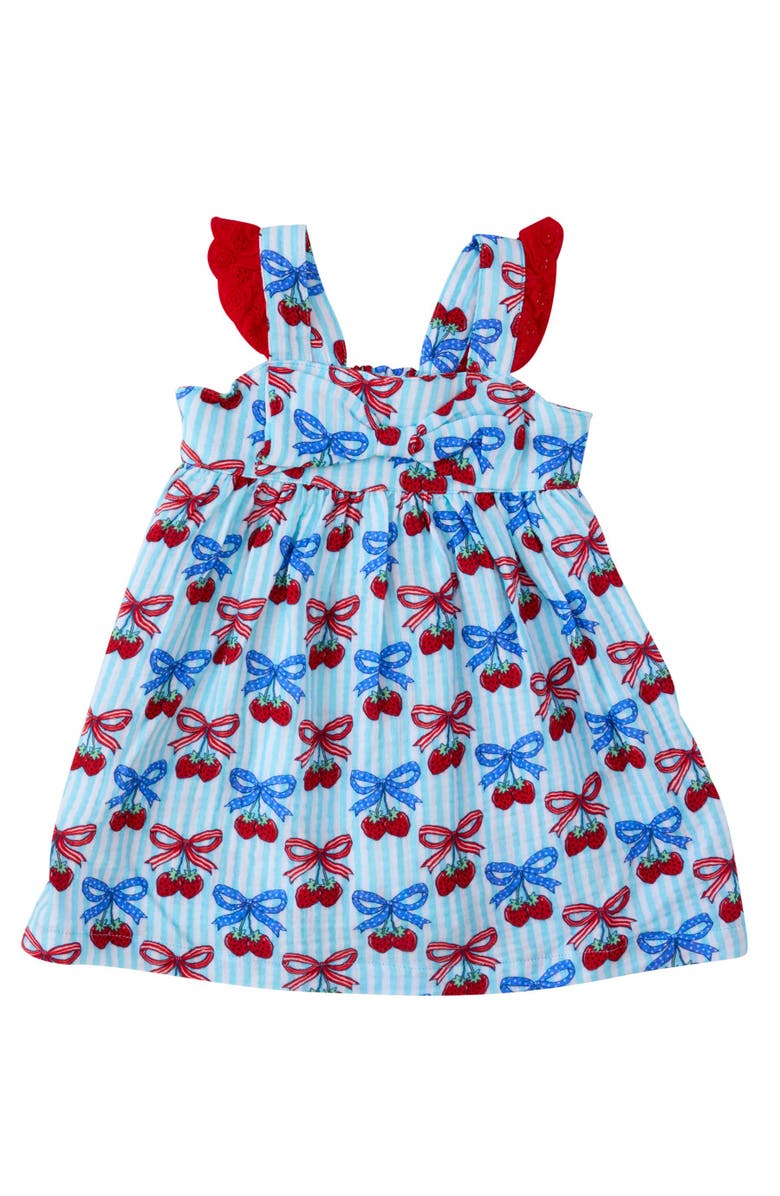 RuffleButts Cotton Gauze Flutter Bow Woven Dress, Main, color, Berries & Bows