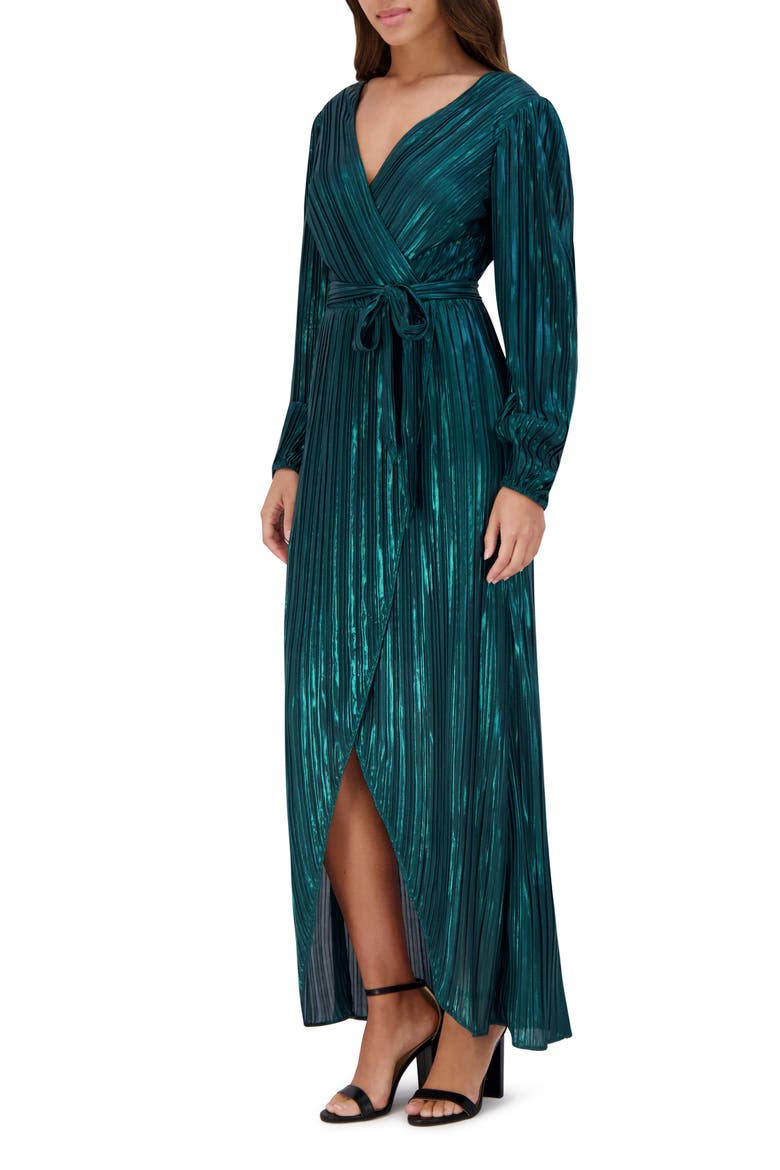 Pleated Foil Wrap Maxi Dress, Alternate, color, EMERALD