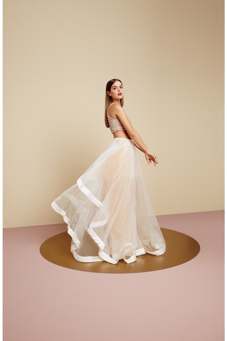 Beaded Top & Organza Two-Piece Ballgown, Alternate, color, WHITE/ NUDE