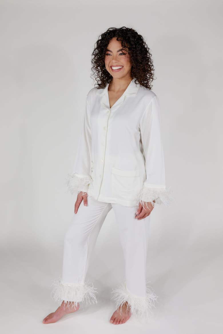 Feather Long Sleeve & Cropped Pant Pajama Set, Alternate, color, Classic White